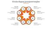 Circular diagram PowerPoint template with eight orange segments, each containing an icon and a caption on a white backdrop.