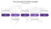 Five purple arrows on a timeline showing the years from 2017 to 2021, placed over a faint world map.