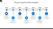 Project timeline PPT slide from 2015 to 2021 with blue icons and milestone markers with captions on a white backdrop.