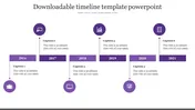 Yearly timeline template with six sections, each showing a year, icon, and caption areas.