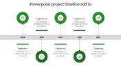 Project timeline PPT slide with years from 2018 to 2021, each year represented by a green circular icon and a caption.