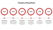 SmartArt timeline PPT slide featuring six key stages of a project, each represented by a red outlined circle.