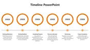 SmartArt timeline PPT slide featuring six key stages of a project, each represented by an orange outlined circle.