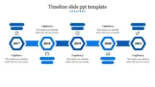 Blue timeline with five hexagon shaped year labels and icons, featuring space for text in each section.