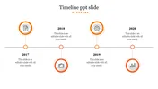 Timeline infographic with four circular orange icons representing year 2017 to 2020, connected by a line with text sections.