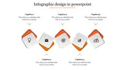 Infographic featuring five orange floating diamond icons with black symbols, and captions above and below.