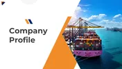 Company profile slides with shipping and logistics visuals, industry related content, and contact info with orange accents.