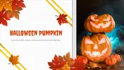 Slide deck with an orange and white theme, featuring carved pumpkins, fall leaves, and sections on halloween traditions.
