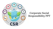 Corporate social responsibility PowerPoint featuring a circular graphic with colorful icons, multiple slides, and captions.