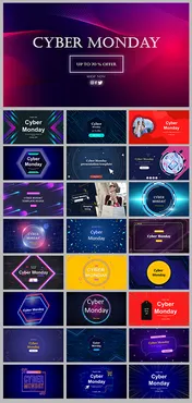 Cyber Monday promotional slide collection with 25 colorful templates, including neon, tech, abstract, and shopping designs.
