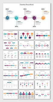 Colorful horizontal timeline showing icons like briefcase, gear, chart, and paper plane with captions marked 20XX.