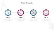 Horizontal layout with four circular icons in alternating blue and red, on a beige background with floral details.