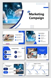 Marketing campaign slides with blue-white theme, icons, charts, text boxes, audience insights, and strategy timeline.