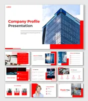 Company Profile slide featuring modern skyscraper image, red and white layout, and concise details on company vision.