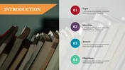 Introduction slide with orange banner on the left and four numbered list of topics over a blurred book background.