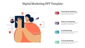 Digital marketing PPT template highlighting social media, influencer, email, and content marketing strategies.