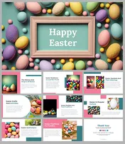 Easter themed Google slides with colorful egg designs and sections on Easter traditions, crafts, and religious significance.