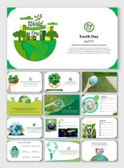 Earth day slide deck with images of the planet, hands holding Earth, and environmental quotes, in green and blue colors.