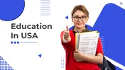 PowerPoint slides on education in the USA featuring a smiling student with music sheets, surrounded by educational graphics.