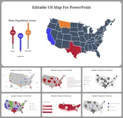 US map slides showing various data visualizations, including population percentages and highlighted regions.