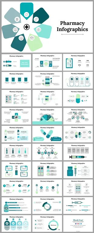 Alt: Pharmacy Infographics cover slide with central medical cross icon surrounded by teal and green healthcare symbols.