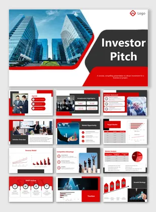 Investor pitch slide featuring tall glass buildings, a bold black and red layout, and a company logo in the top right.