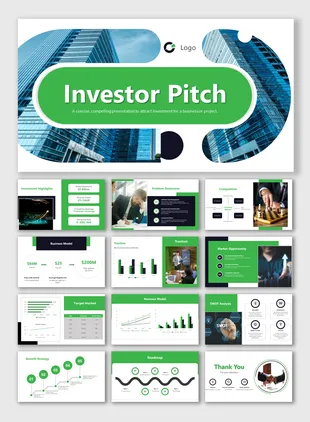 Investor pitch slide with a green banner, featuring white text, on a curved skyscraper image, and a circular logo on top.