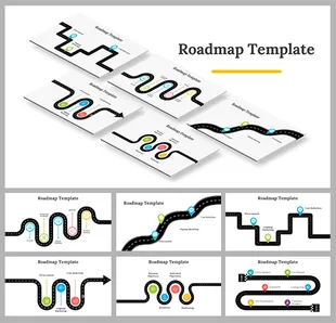 Multiple roadmap templates arranged in a diagonal layout, each showing a winding black road with colorful markers.