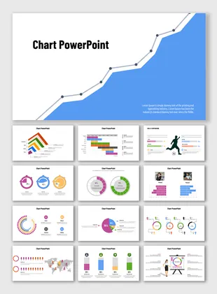 A slide showing a blue area chart with a rising trend line, labeled chart PowerPoint on a white backdrop.