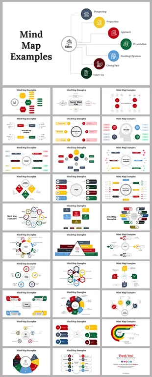 Infographic slides featuring different styles of mind maps, with colorful icons and shapes representing various concepts.