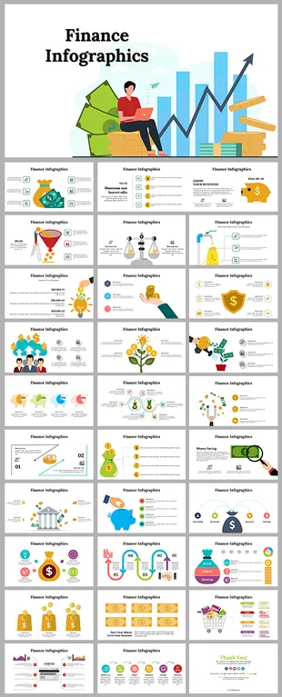 Colorful finance themed slide deck with various infographics like money bags, scales, piggy banks, and growth charts.