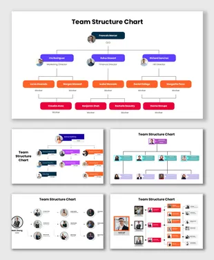 Team structure chart with CEO, managers, staff, colorful boxes, connectors, and Hierarchy.