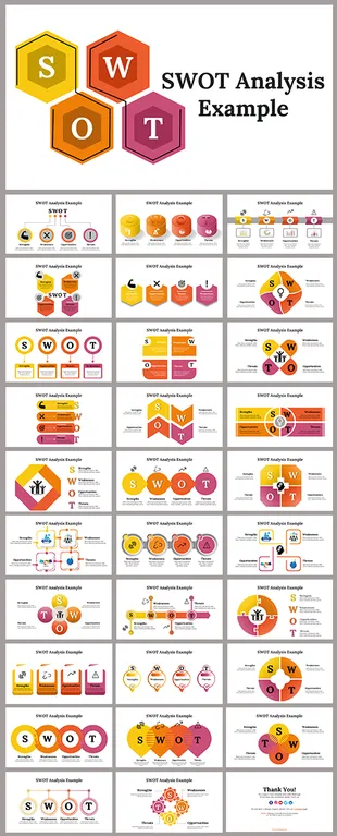 Slides showcasing SWOT analysis layouts, using vibrant colors like orange, red, yellow, and pink to highlight key concepts.
