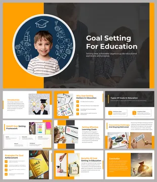 Goal setting for education slide deck with an image of a child surrounded by icons, next to a title and caption areas.
