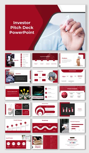 Investor pitch slide with a red geometric background featuring white text, and a hand drawing a rising graph.