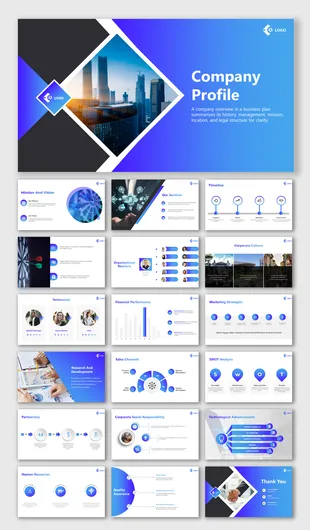 Company profile slide with a cityscape on blue gradient background, and bold white text arranged in a structured layout.