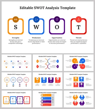 SWOT analysis slide with bold letters inside outlined squares in yellow, blue, purple, and red, with circular icons.