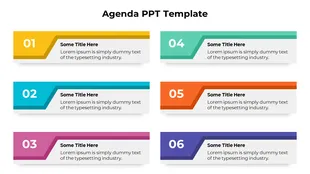 Agenda slide featuring six numbered sections in yellow, blue, pink, teal, orange, and purple, along with placeholder text.