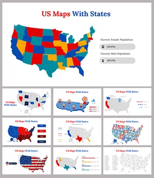 US map with states color coded, showing the current population distribution 50.6 percent female and 49.4 male.