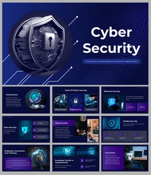 A pack of cyber security slides featuring a shield graphic symbolizing protection against digital threats and data breaches.