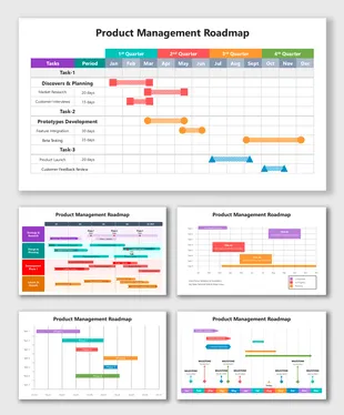 Product Management Roadmap with colorful timelines, task bars, and milestones for strategic project planning.
