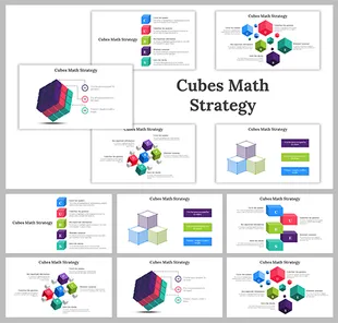 Slide deck visualizing a math strategy with colorful 3D cubes, each labeled with a step or strategy element.