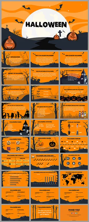 Colorful Halloween PowerPoint slides featuring information on celebrations, games, and global customs.