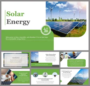 Slide with a green and white design, featuring a rounded corner image of solar panels and wind turbines, under a bright sky.