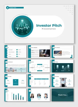 Investor pitch slide showing a hand holding growing stacks of coins with upward arrows, in a teal circular frame.