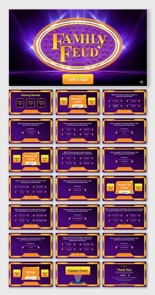 Family Feud logo in yellow text within an orange and white oval on a purple background with a lets go button.