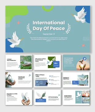 A vibrant slide for International Day of Peace, featuring a dove carrying an olive branch and a quote with an open heart.