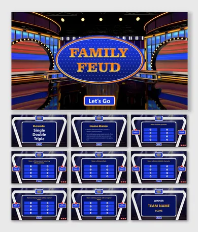 A pack of family feud games shows slides with vibrant visuals and sections for rules and questions on a blue theme