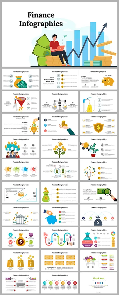 Colorful finance themed slide deck with various infographics like money bags, scales, piggy banks, and growth charts.