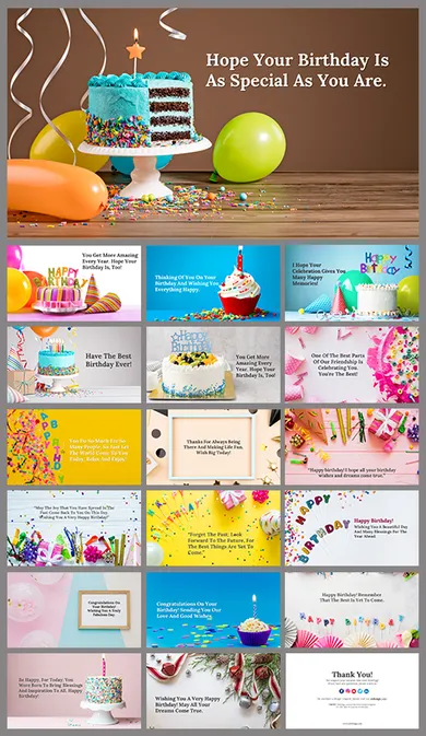 Colorful birthday PowerPoint slides with cake, balloons, and celebratory colorful themes.